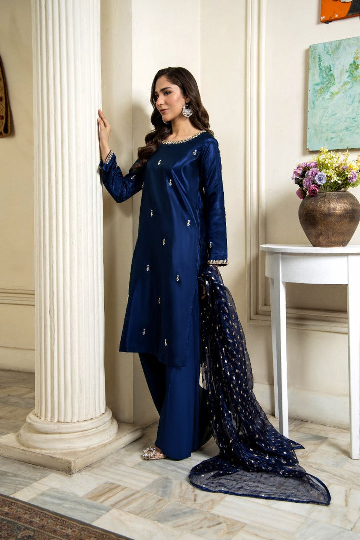 Laleen - Safina Katan Silk Suit For Women - Blue - 3 Piece