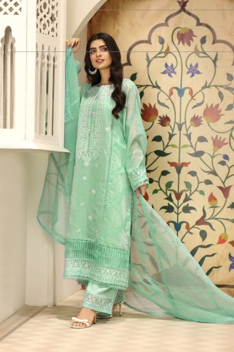 Laleen - Samar Cotton Silk Suit For Women - Ice Blue - 3 Piece