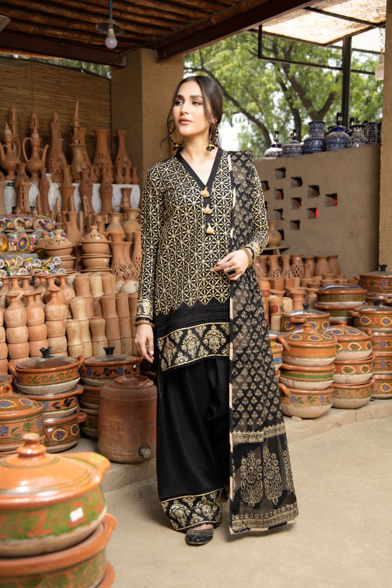 Laleen - Shadow Veil Viscose Suit For Women - Black - 3 Piece