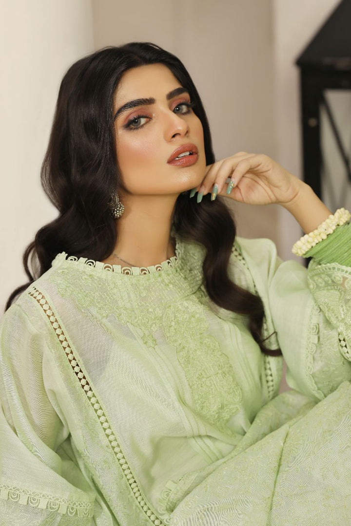 Laleen - Shajar Cotton Silk Suit For Women - Mint Green - 3 Piece