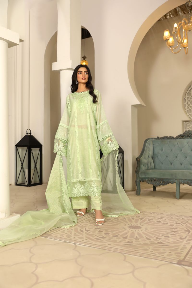 Laleen - Shajar Cotton Silk Suit For Women - Mint Green - 3 Piece