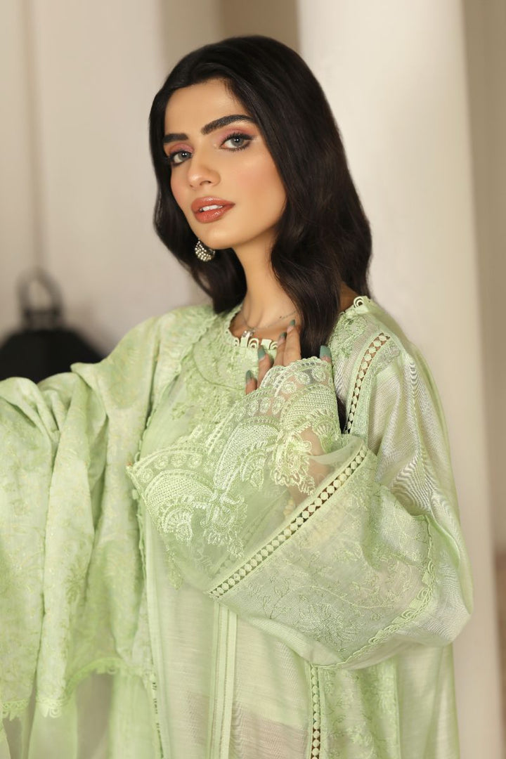Laleen - Shajar Cotton Silk Suit For Women - Mint Green - 3 Piece