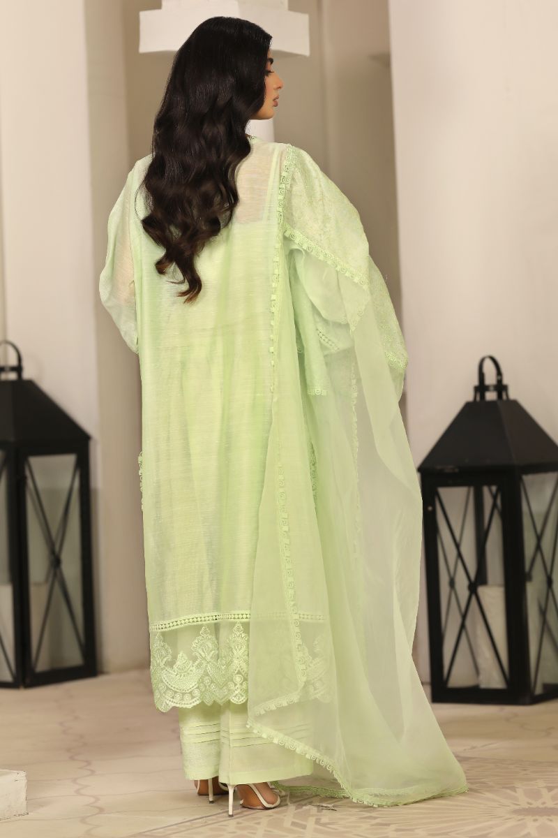 Laleen - Shajar Cotton Silk Suit For Women - Mint Green - 3 Piece