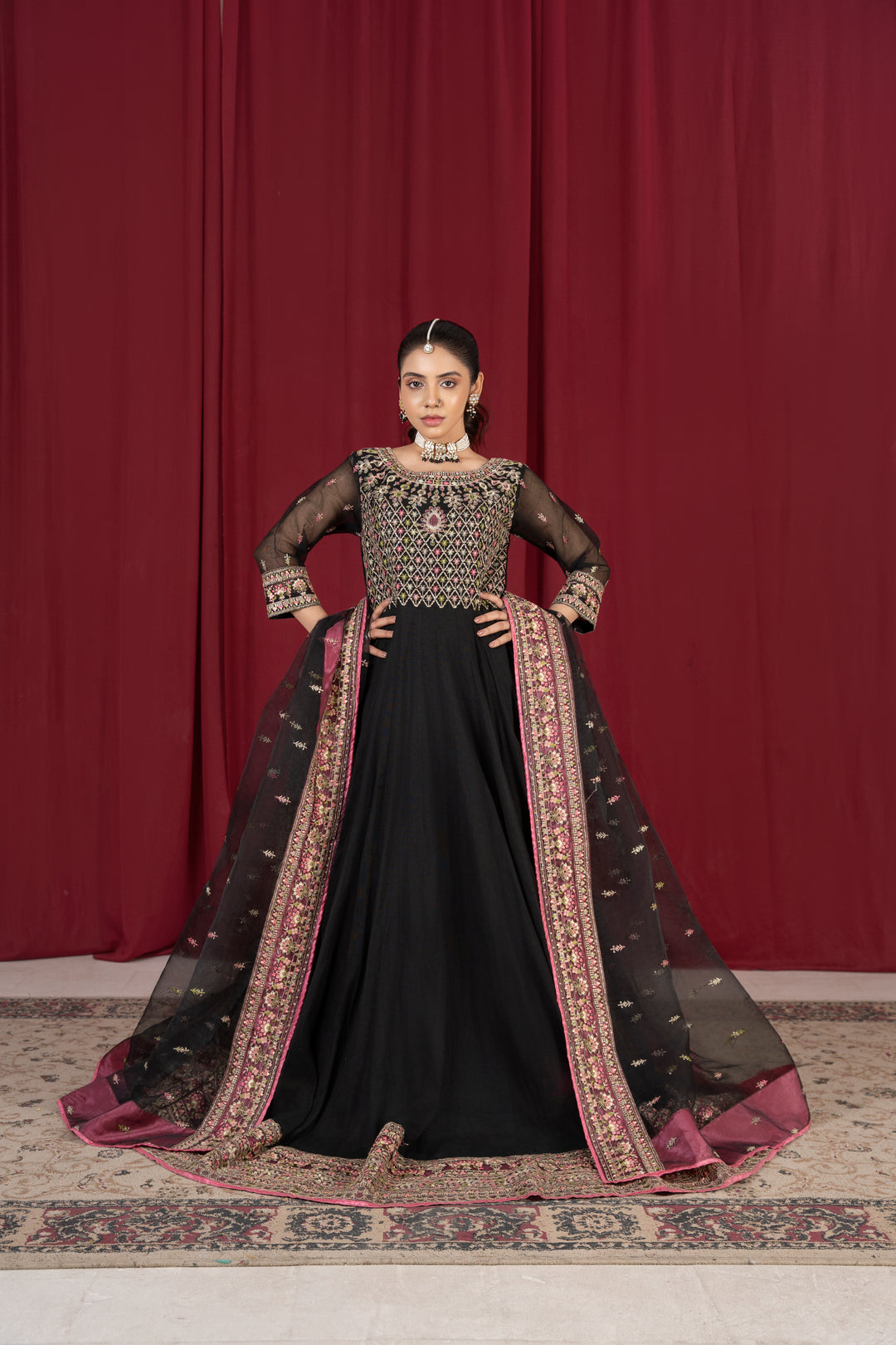 Laleen - Shehna Cotton Net Frock For Women - Black - 3 Piece