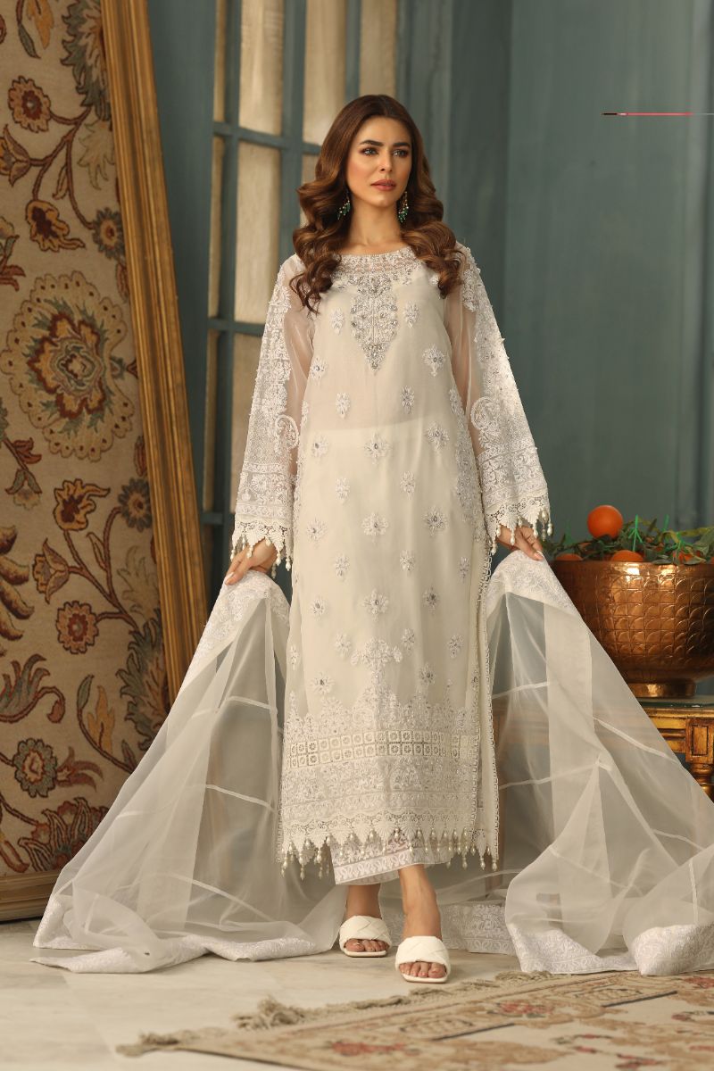 Laleen - Suffi Organza Suit For Women - White - 3 Piece