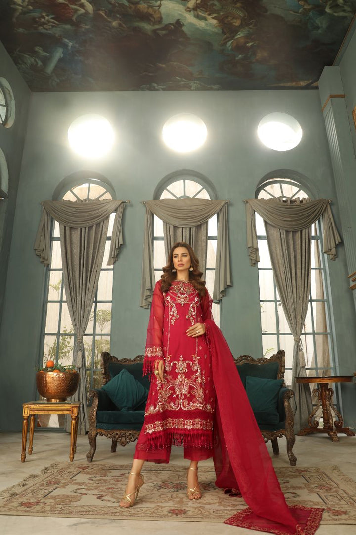 Laleen - Surkhroo Organza Suit For Women - Wine - 3 Piece