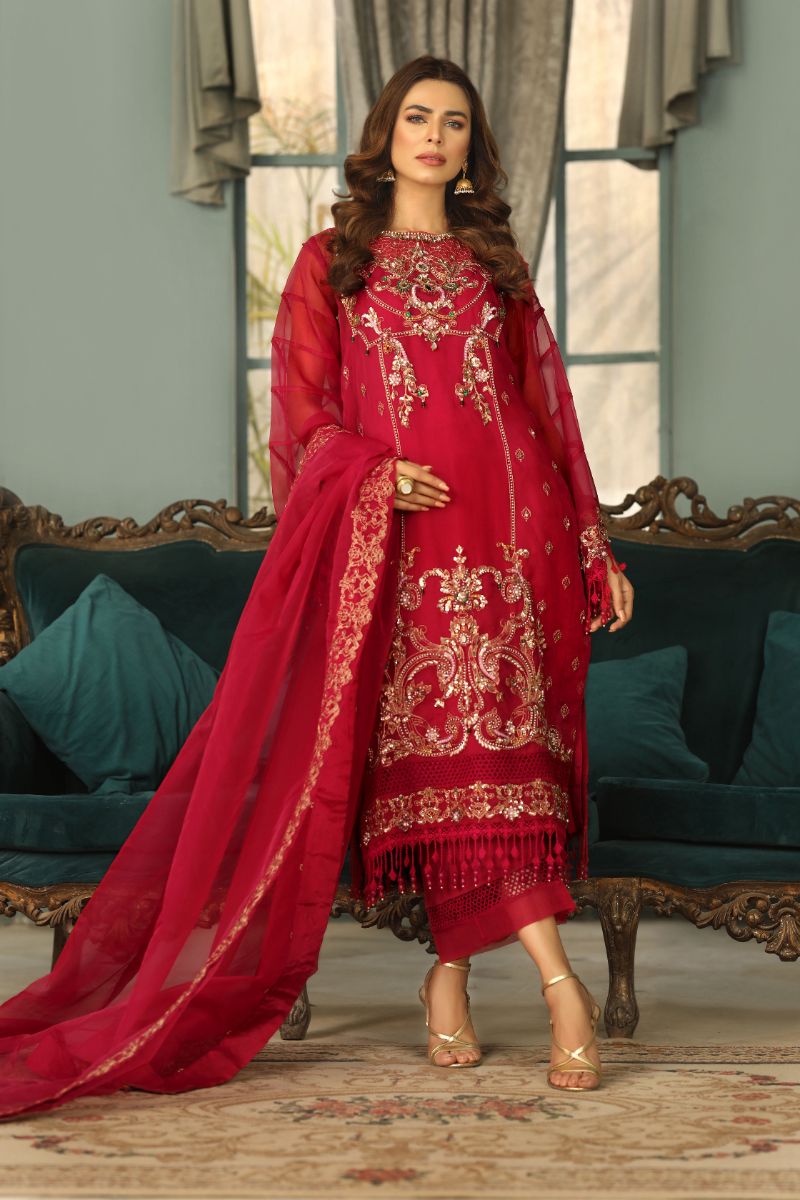 Laleen - Surkhroo Organza Suit For Women - Wine - 3 Piece