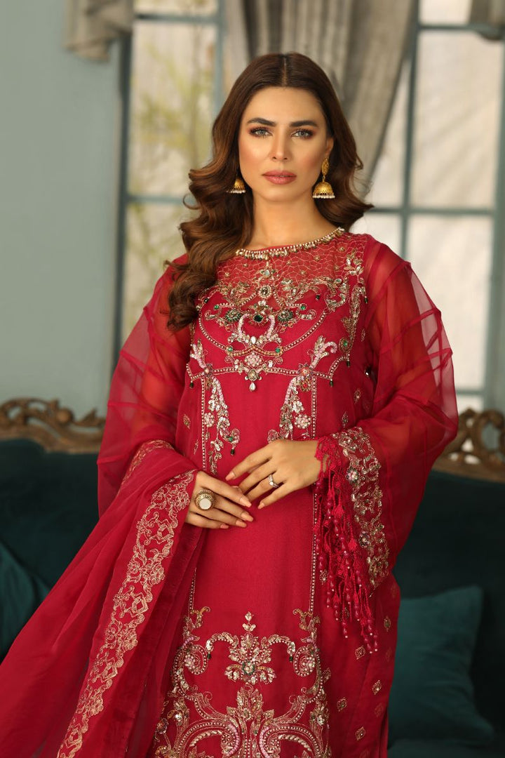 Laleen - Surkhroo Organza Suit For Women - Wine - 3 Piece