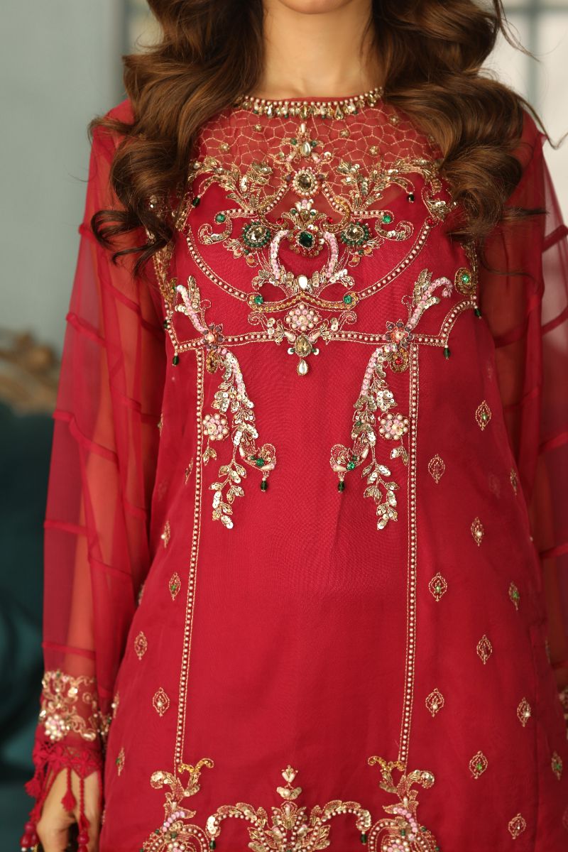 Laleen - Surkhroo Organza Suit For Women - Wine - 3 Piece