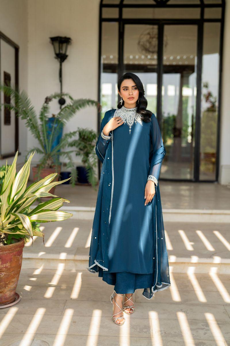 hina khawaja in Natasha Kamal - Lapis - teal - Georgette lined with crepe de chin - 3 Piece