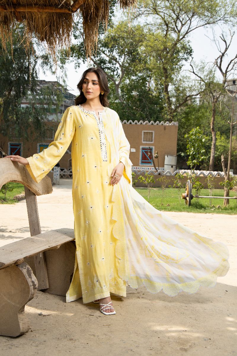 Laleen - Lemon Pearl Raw Silk Suit For Women - Yellow - 3 Piece