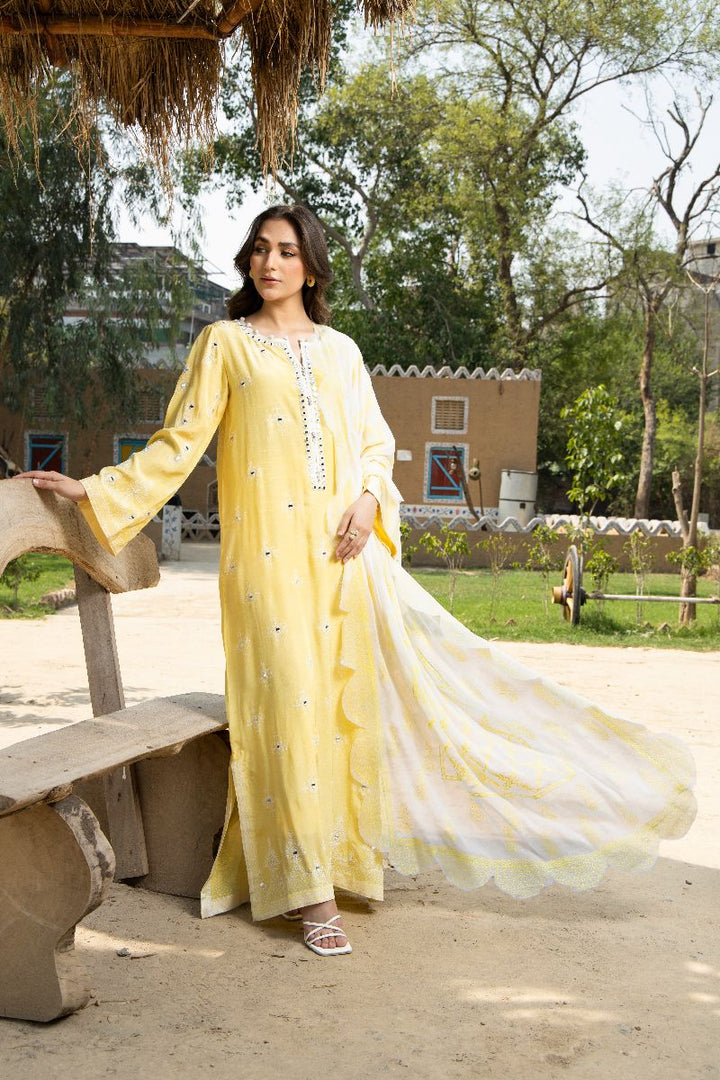 Laleen - Lemon Pearl Raw Silk Suit For Women - Yellow - 3 Piece