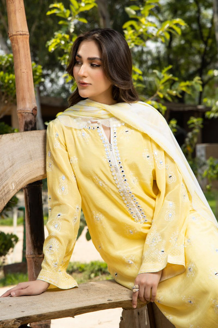 Laleen - Lemon Pearl Raw Silk Suit For Women - Yellow - 3 Piece