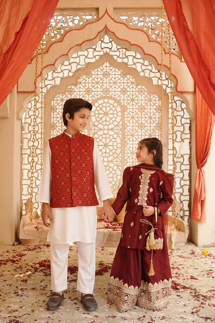 Cheeco Chic - MGCEID25 - Golden and Maroon - Khaadi Net - 3 Piece