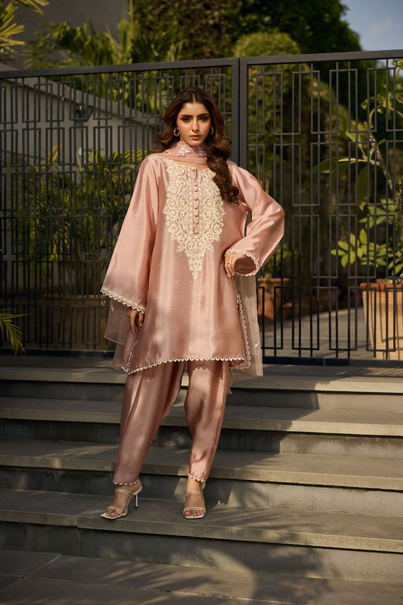 Deepak Perwani - Elara Silk Embroidered Suit For Women - Rose Tea Pink - 2 Piece