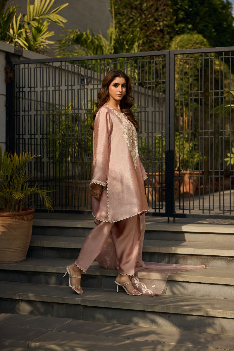 Deepak Perwani - Elara Silk Embroidered Suit For Women - Rose Tea Pink - 2 Piece