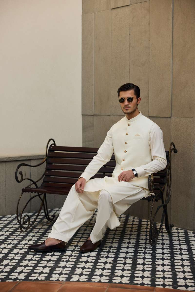 Deepak Perwani - Boski Linen Kurta Shalwar For Men - Cream - 2 Piece - Studio by TCS