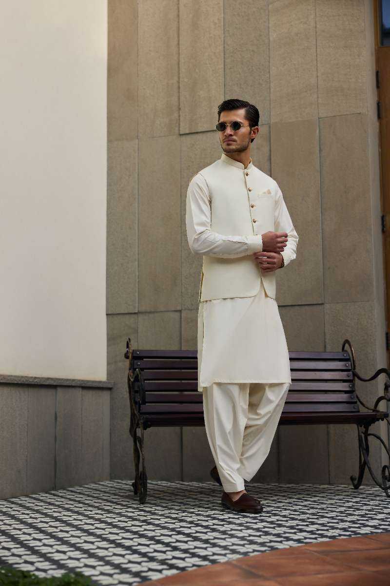 Deepak Perwani - Boski Linen Kurta Shalwar For Men - Cream - 2 Piece - Studio by TCS