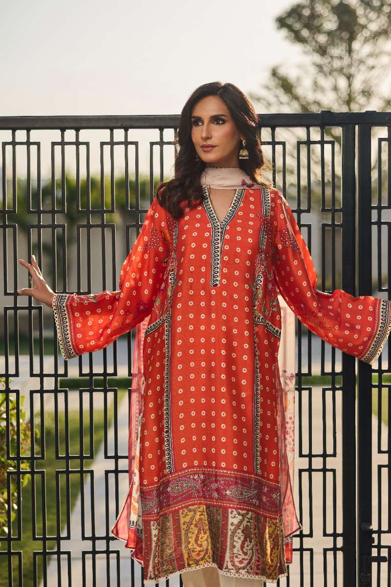 Deepak Perwani - Blossom Silk Suit For Women - Orange - 3 Piece