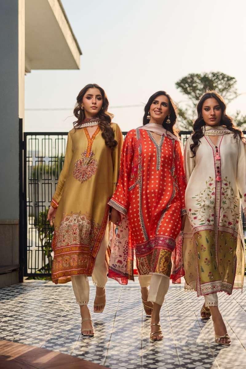 Deepak Perwani - Blossom Silk Suit For Women - Orange - 3 Piece