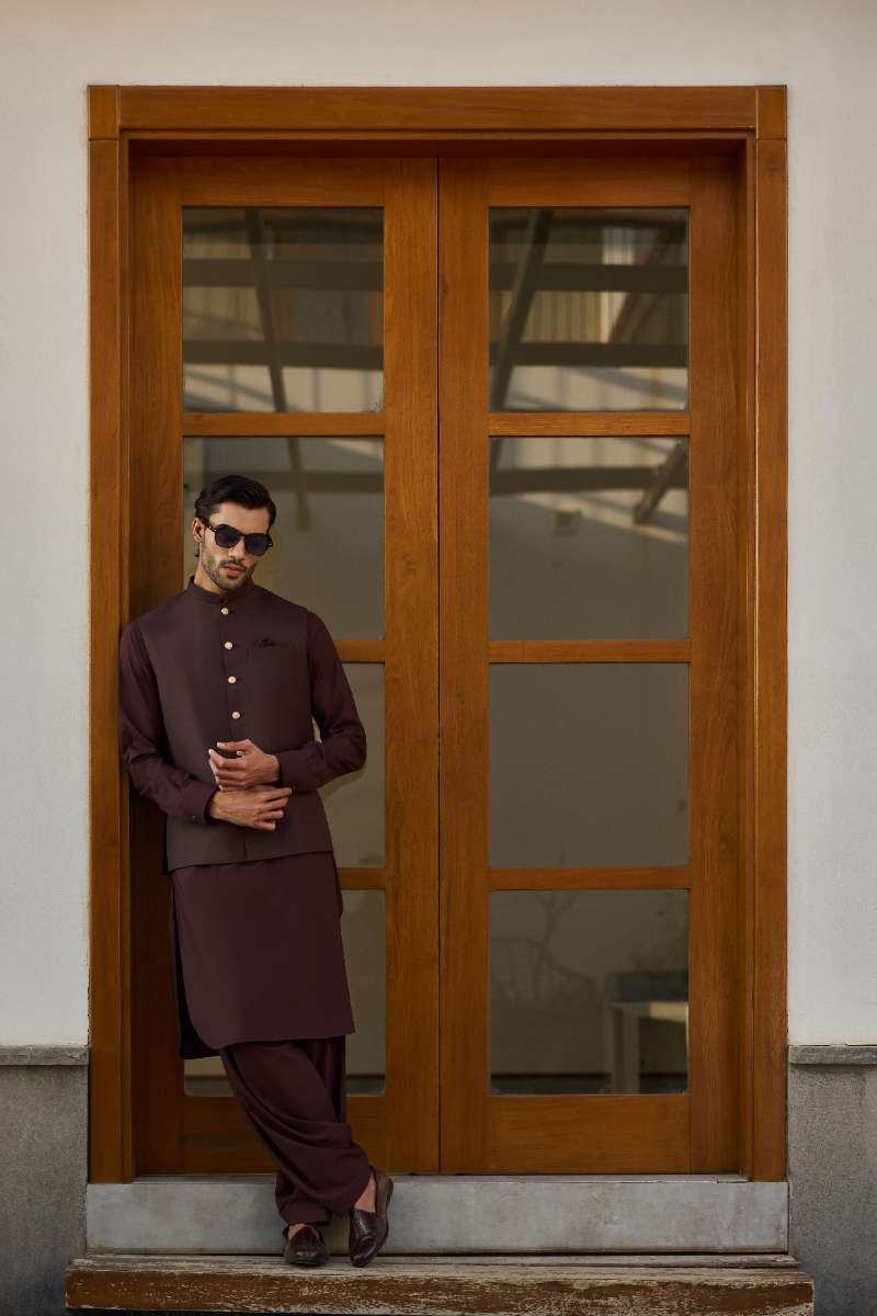 Deepak Perwani - Boski Linen Kurta Shalwar For Men - Coffee Brown - 2 Piece - Studio by TCS