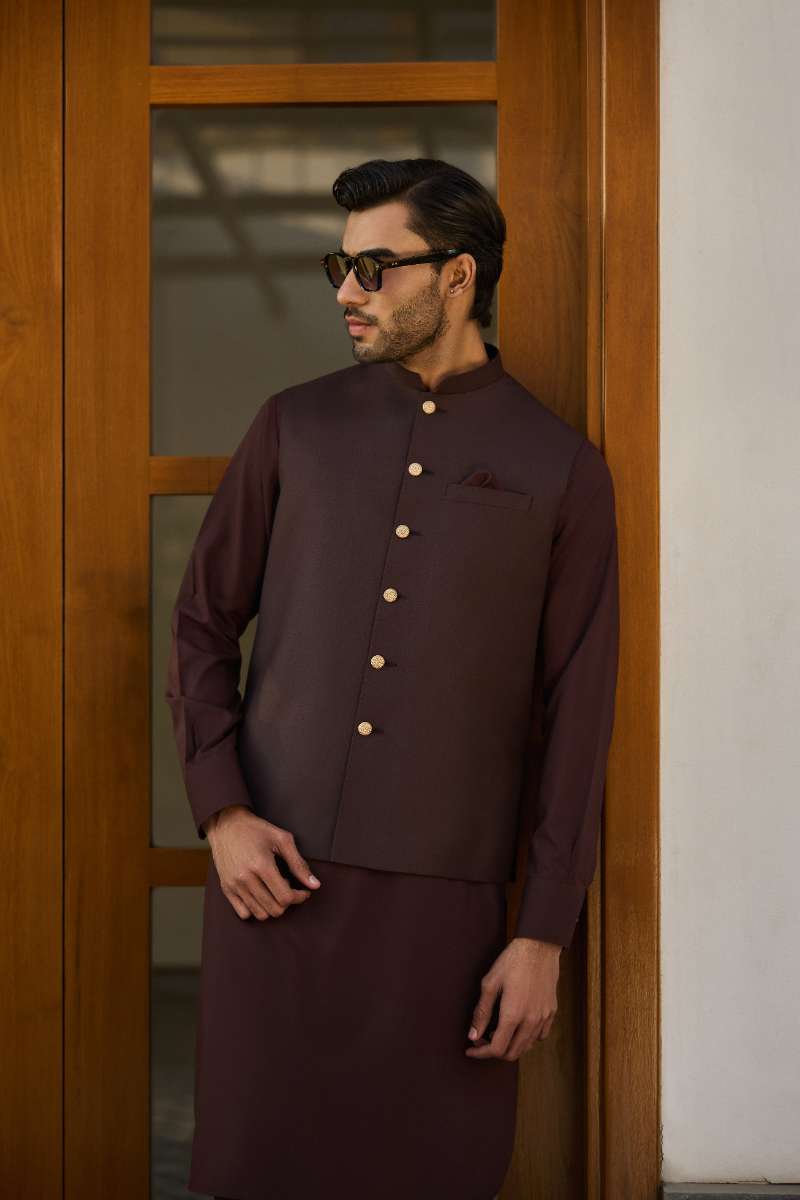 Deepak Perwani - Boski Linen Kurta Shalwar For Men - Coffee Brown - 2 Piece - Studio by TCS