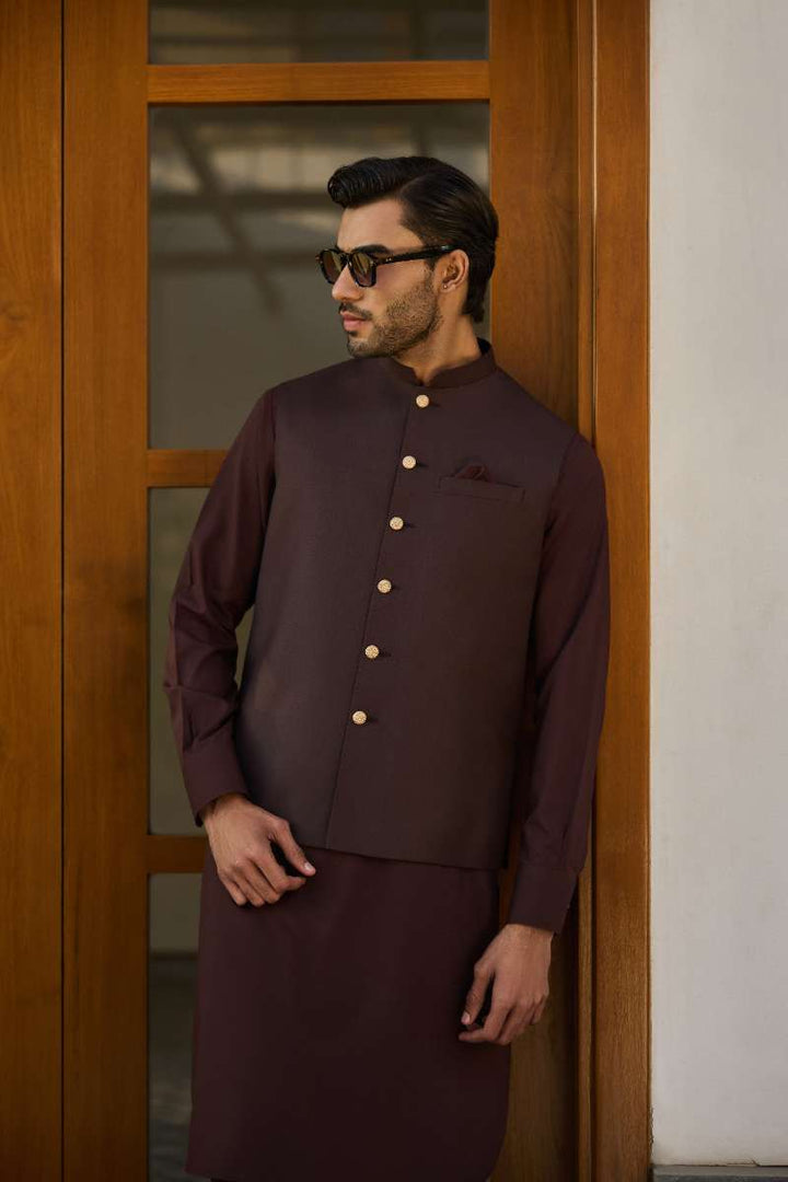 Deepak Perwani - Boski Linen Kurta Shalwar For Men - Coffee Brown - 2 Piece - Studio by TCS