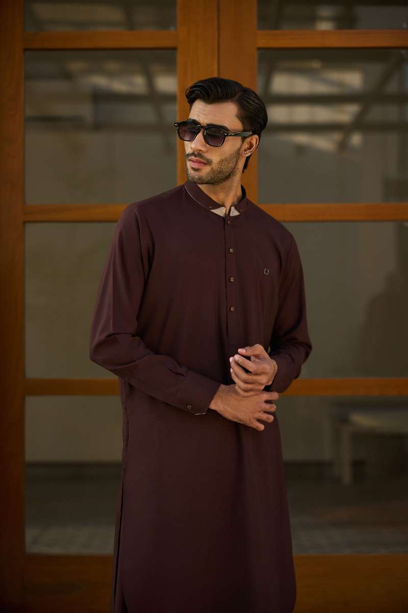 Deepak Perwani - Boski Linen Kurta Shalwar For Men - Coffee Brown - 2 Piece - Studio by TCS