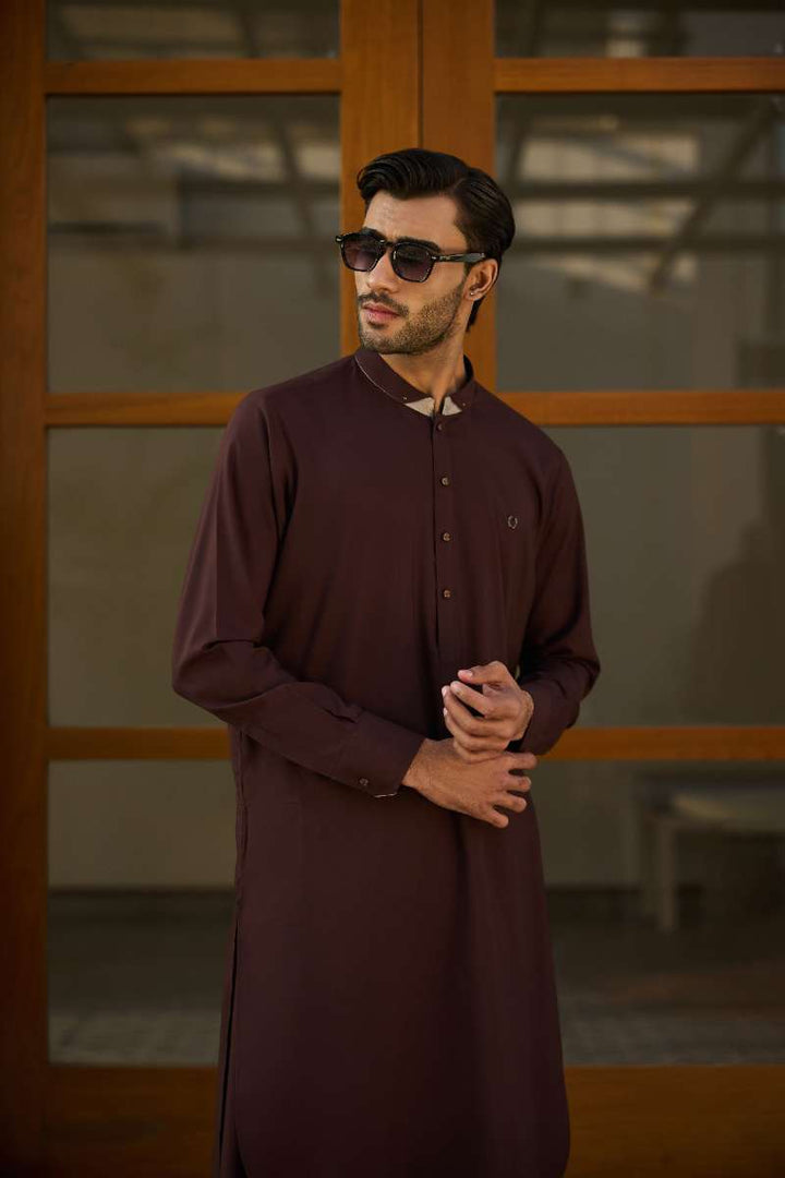 Deepak Perwani - Boski Linen Kurta Shalwar For Men - Coffee Brown - 2 Piece - Studio by TCS