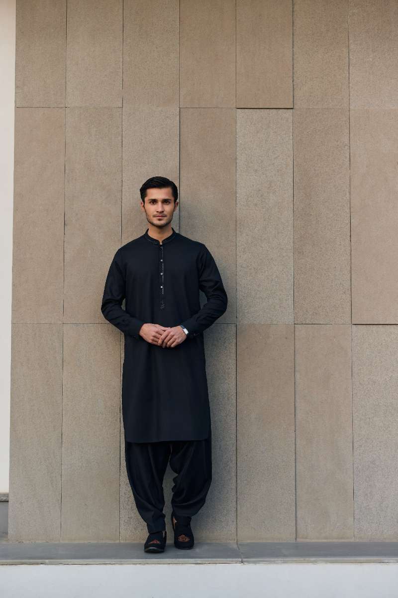 Deepak Perwani - Boski Linen Kurta Shalwar For Men - Black - 2 Piece - Studio by TCS