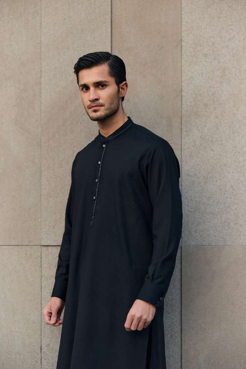 Deepak Perwani - Boski Linen Kurta Shalwar For Men - Black - 2 Piece - Studio by TCS