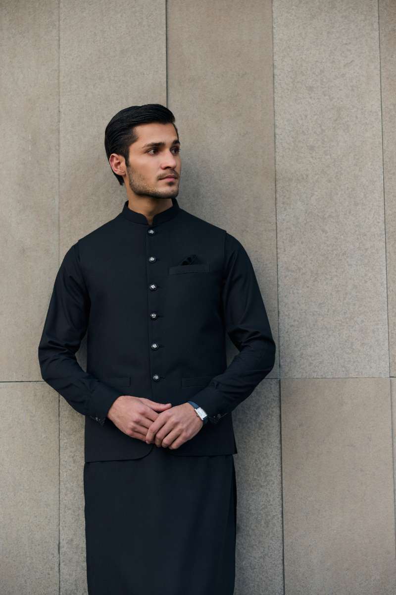 Deepak Perwani - Boski Linen Kurta Shalwar For Men - Black - 2 Piece - Studio by TCS