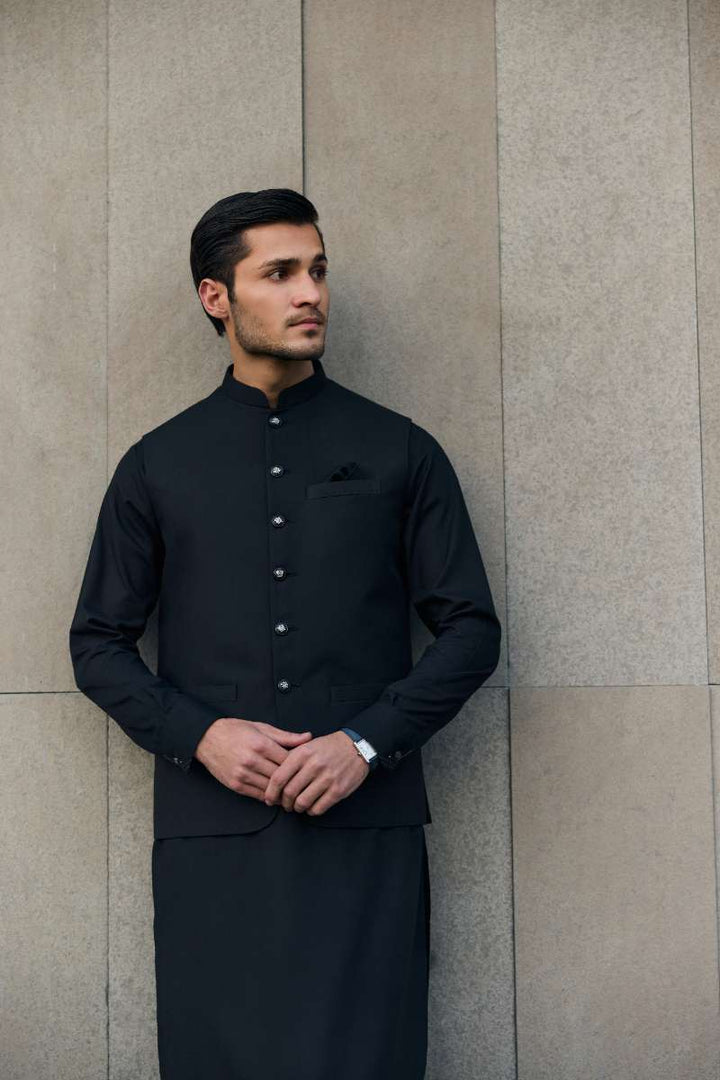 Deepak Perwani - Boski Linen Kurta Shalwar For Men - Black - 2 Piece - Studio by TCS
