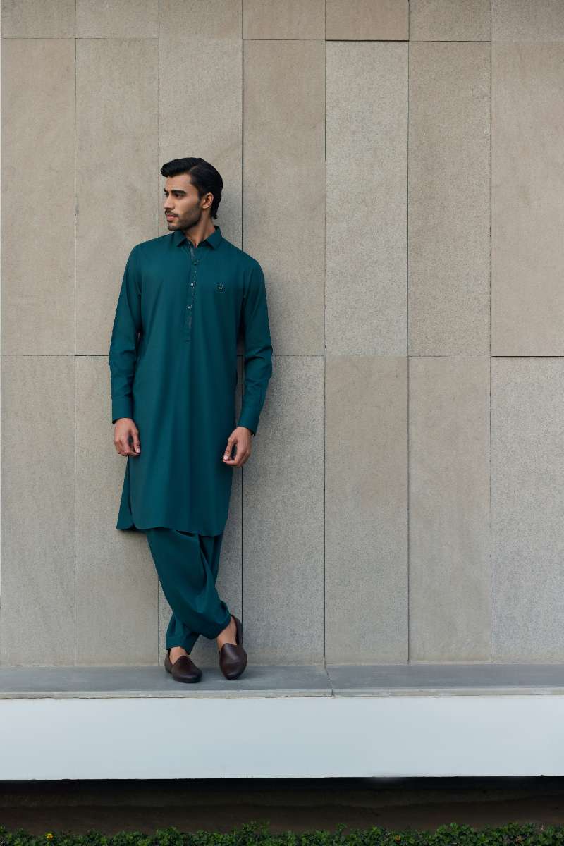 Deepak Perwani - Boski Linen Kurta Shalwar For Men - Emerald Green - 2 Piece - Studio by TCS