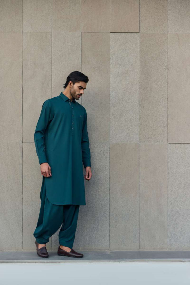 Deepak Perwani - Boski Linen Kurta Shalwar For Men - Emerald Green - 2 Piece - Studio by TCS