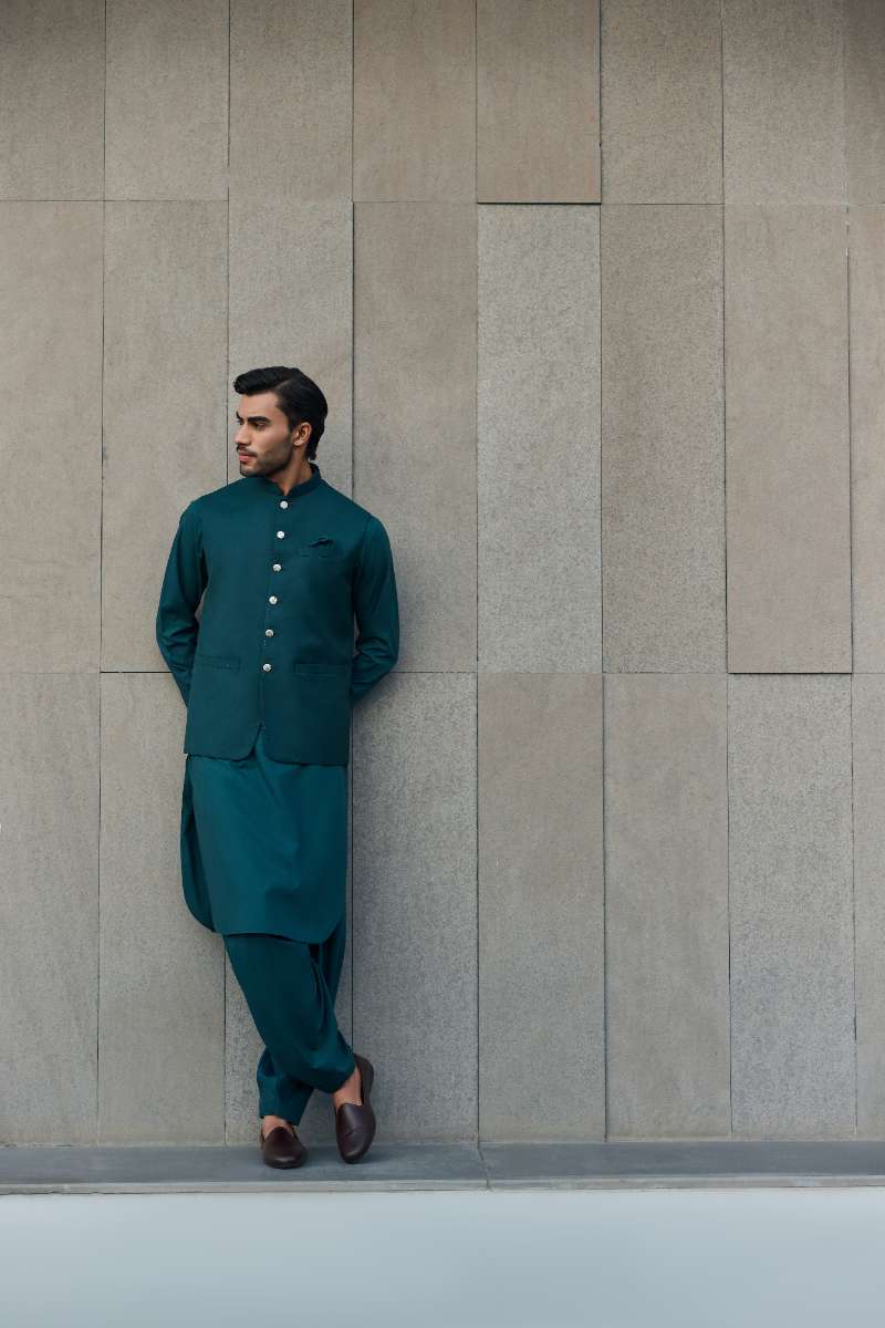 Deepak Perwani - Boski Linen Kurta Shalwar For Men - Emerald Green - 2 Piece - Studio by TCS