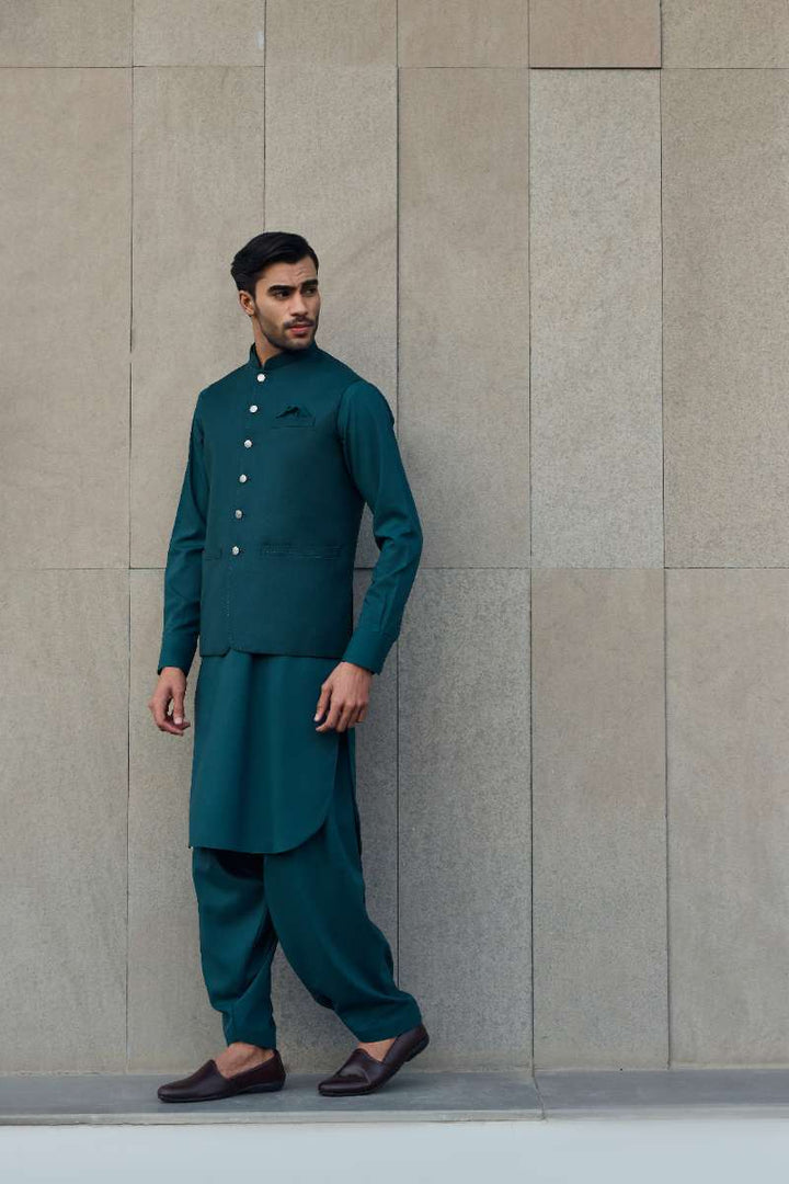 Deepak Perwani - Boski Linen Kurta Shalwar For Men - Emerald Green - 2 Piece - Studio by TCS