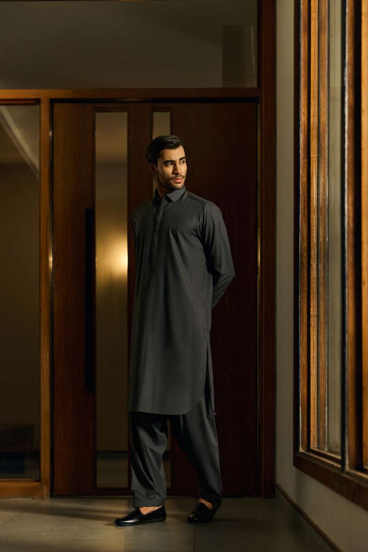 Deepak Perwani - Boski Linen Kurta Shalwar For Men - Dark Grey - 2 Piece - Studio by TCS