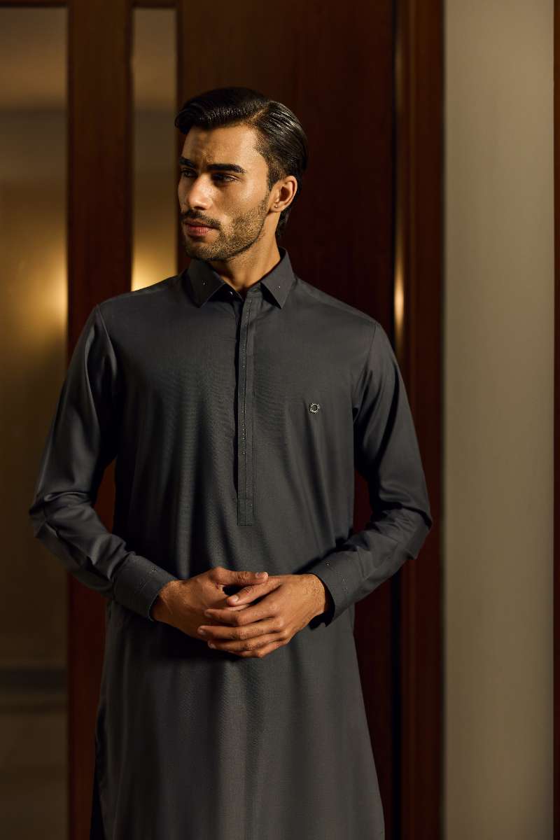 Deepak Perwani - Boski Linen Kurta Shalwar For Men - Dark Grey - 2 Piece - Studio by TCS