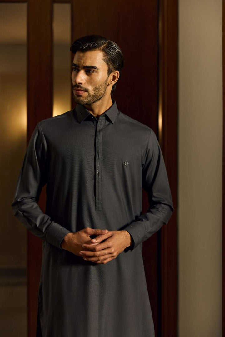 Deepak Perwani - Boski Linen Kurta Shalwar For Men - Dark Grey - 2 Piece - Studio by TCS