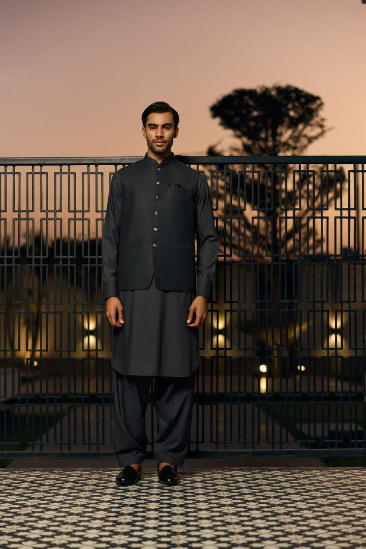 Deepak Perwani - Boski Linen Kurta Shalwar For Men - Dark Grey - 2 Piece - Studio by TCS
