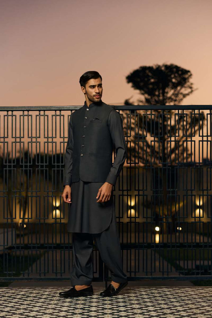 Deepak Perwani - Boski Linen Kurta Shalwar For Men - Dark Grey - 2 Piece - Studio by TCS