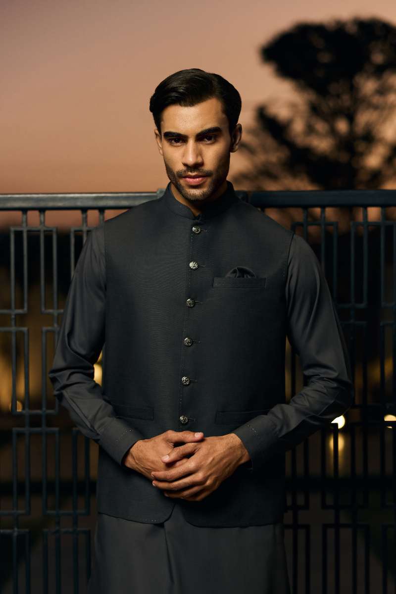 Deepak Perwani - Boski Linen Kurta Shalwar For Men - Dark Grey - 2 Piece - Studio by TCS
