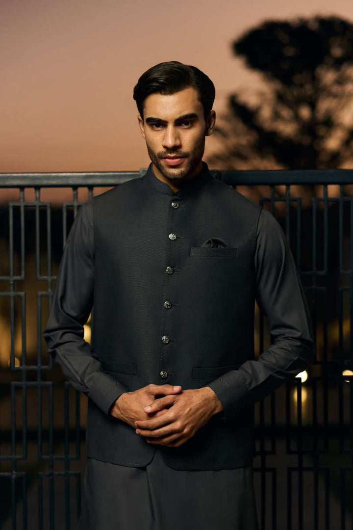 Deepak Perwani - Boski Linen Kurta Shalwar For Men - Dark Grey - 2 Piece - Studio by TCS