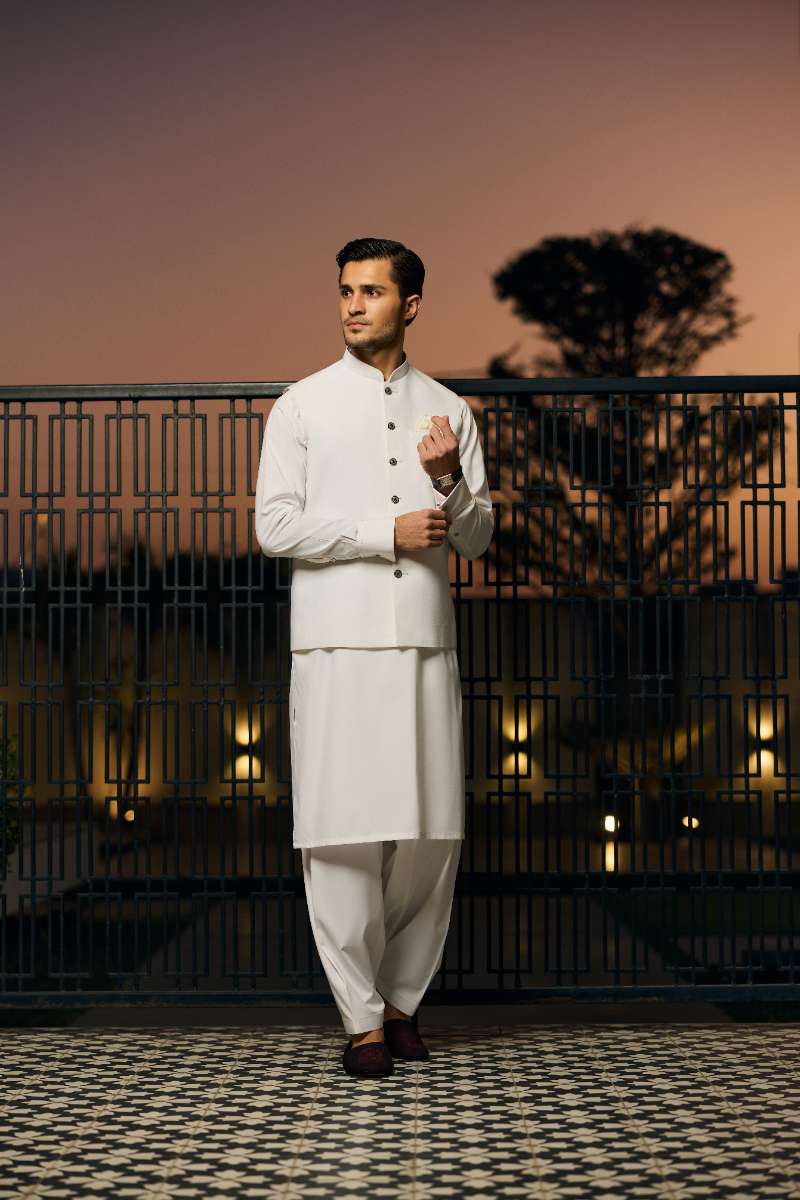 Deepak Perwani - Boski Linen Kurta Shalwar For Men - Ivory - 2 Piece - Studio by TCS