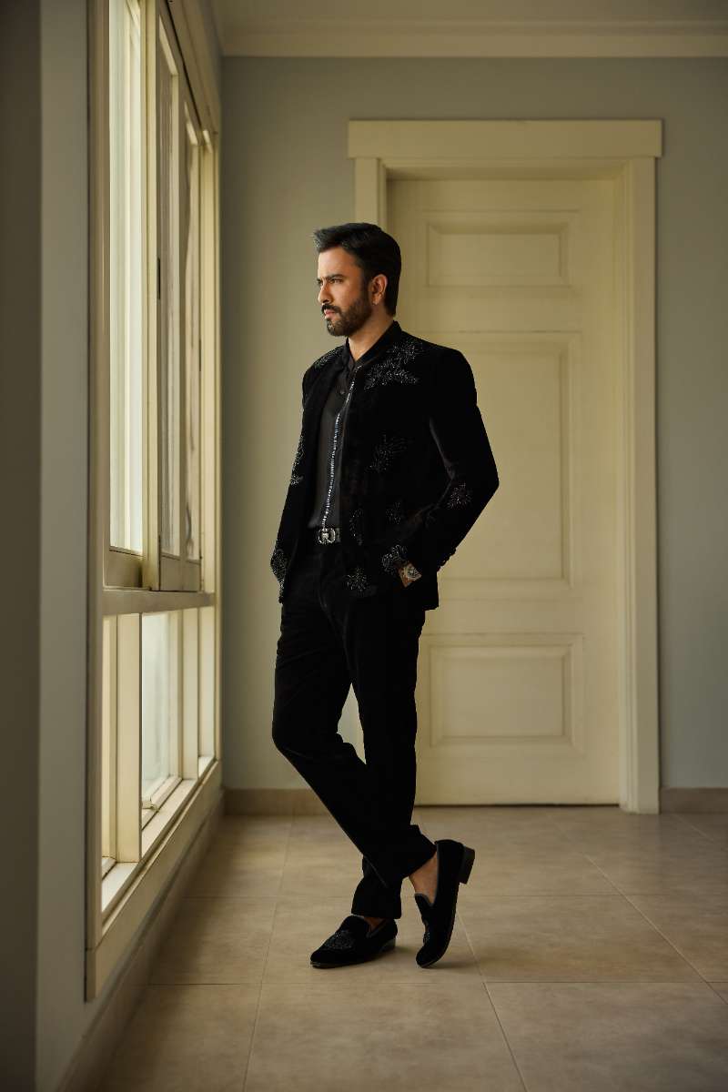 Deepak Perwani - Cotton-Silk Shirt For Men - Black - 1 Piece