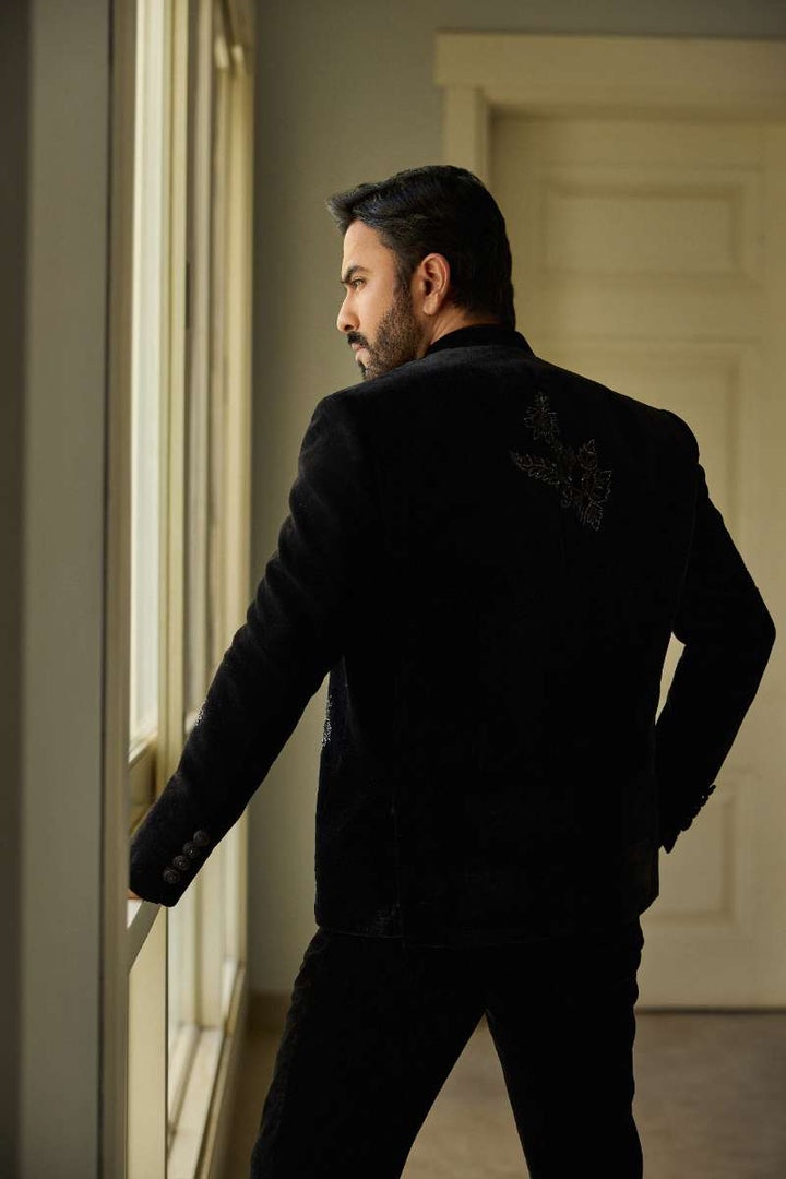 Deepak Perwani - Velvet Jacket For Men - Jet Black - 1 Piece