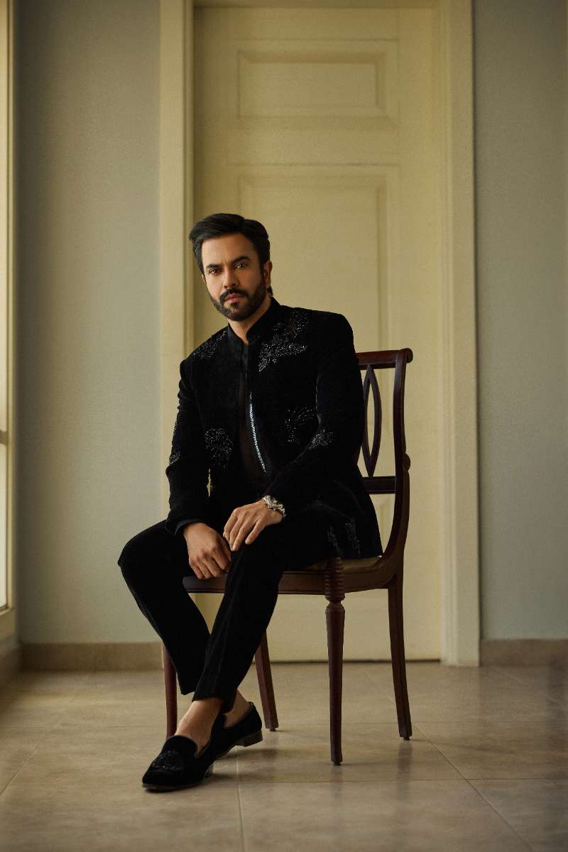 Deepak Perwani - Velvet Jacket For Men - Jet Black - 1 Piece