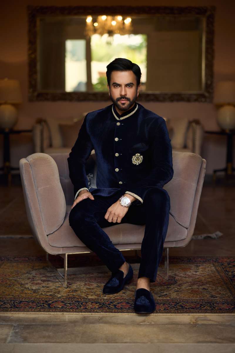 Deepak Perwani - Velvet Prince Coat With Touser For Men - Navy - 2 Piece