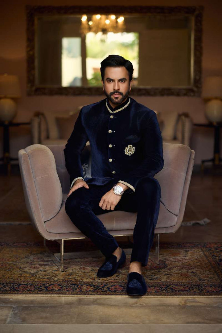 Deepak Perwani - Velvet Prince Coat With Touser For Men - Navy - 2 Piece